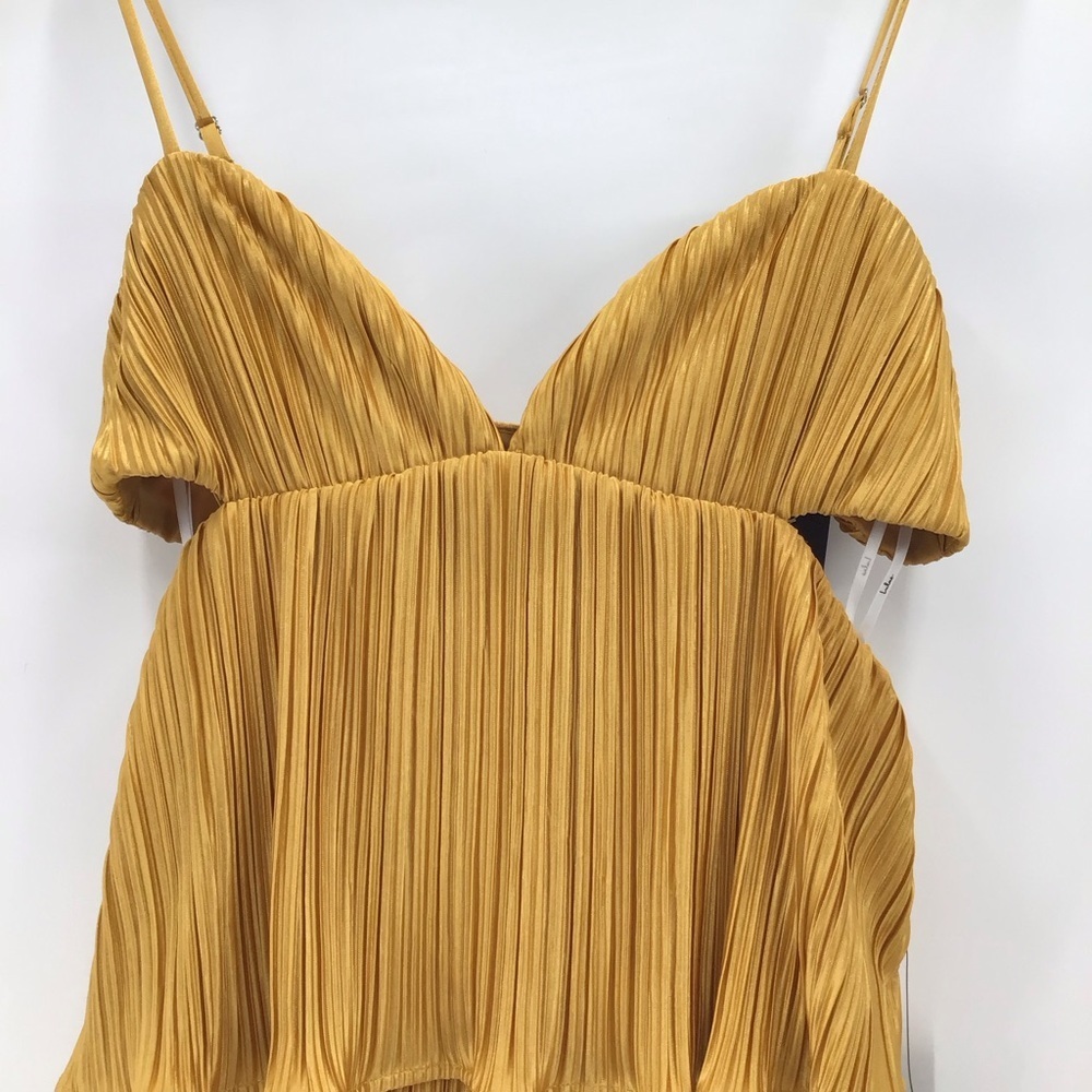 Lulu's Kanya Marigold Yellow Satin Plisse Tiered Maxi Dress - Picture 4 of 16